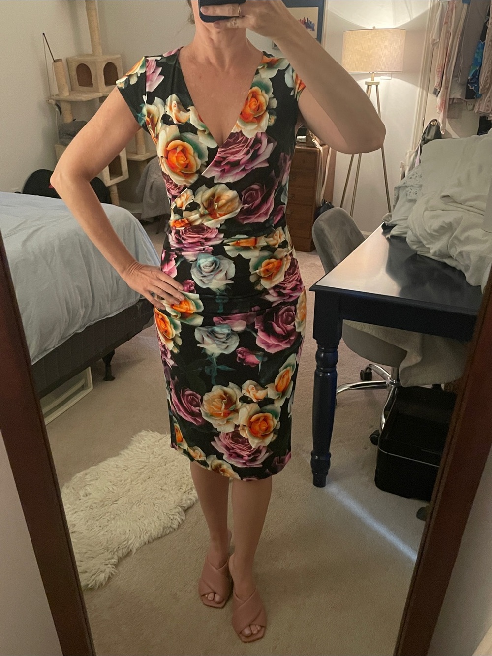 Floral Wrap-Front Midi Dress in Black with Multicolor Roses
